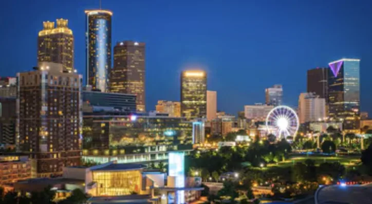Atlanta skyline at dusk with the Skyview Ferris wheel
