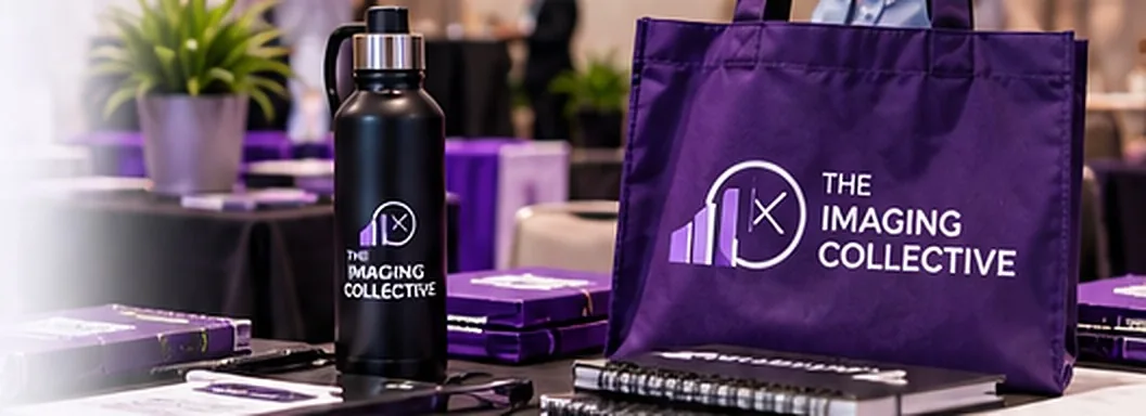 Imaging Collective branded water bottle, tote bag, and notebooks