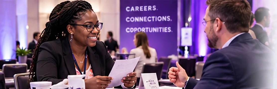 A recruiter speaking with an imaging professional at a careers table